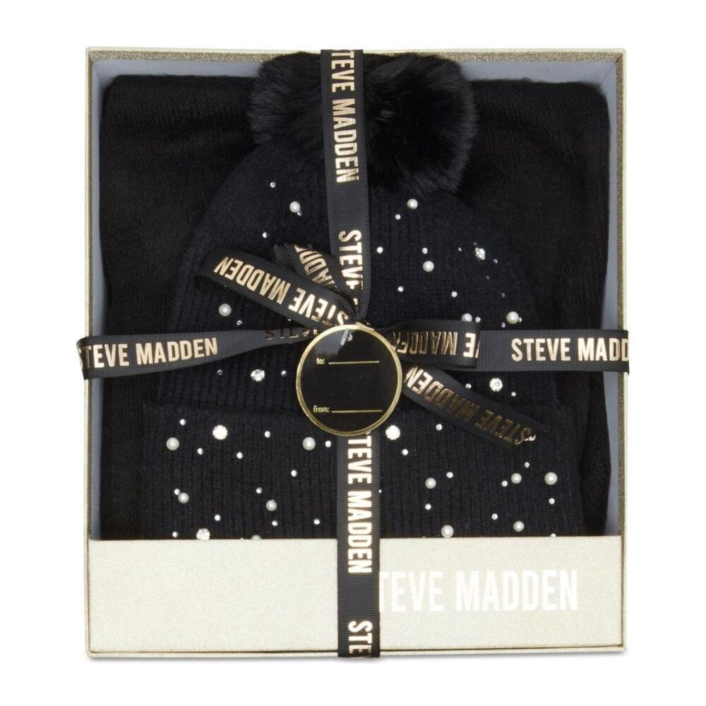 Steve Madden Women’s Embellished Beanie & Scarf Gift Set — Black — New in Box